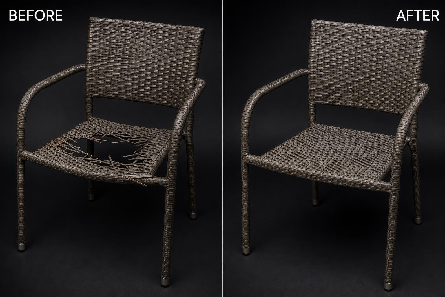 Synthetic Rattan Stacking Chair shown before and after restoration