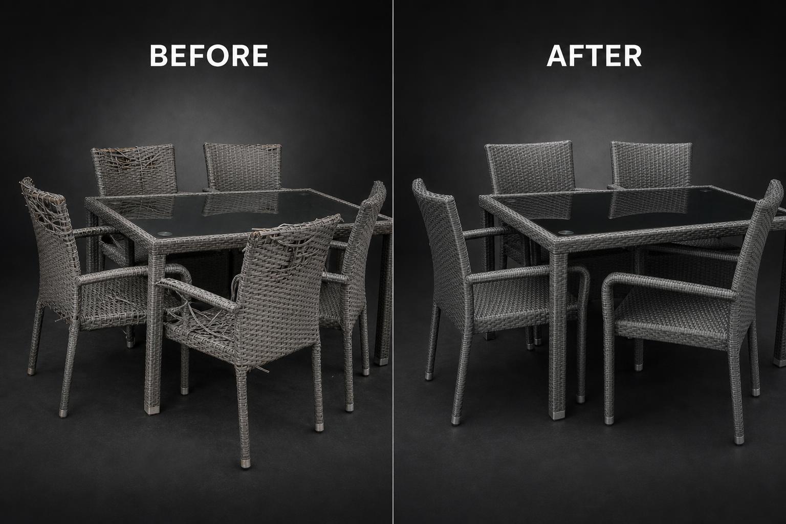 Synthetic Rattan Dining Set shown before and after restoration