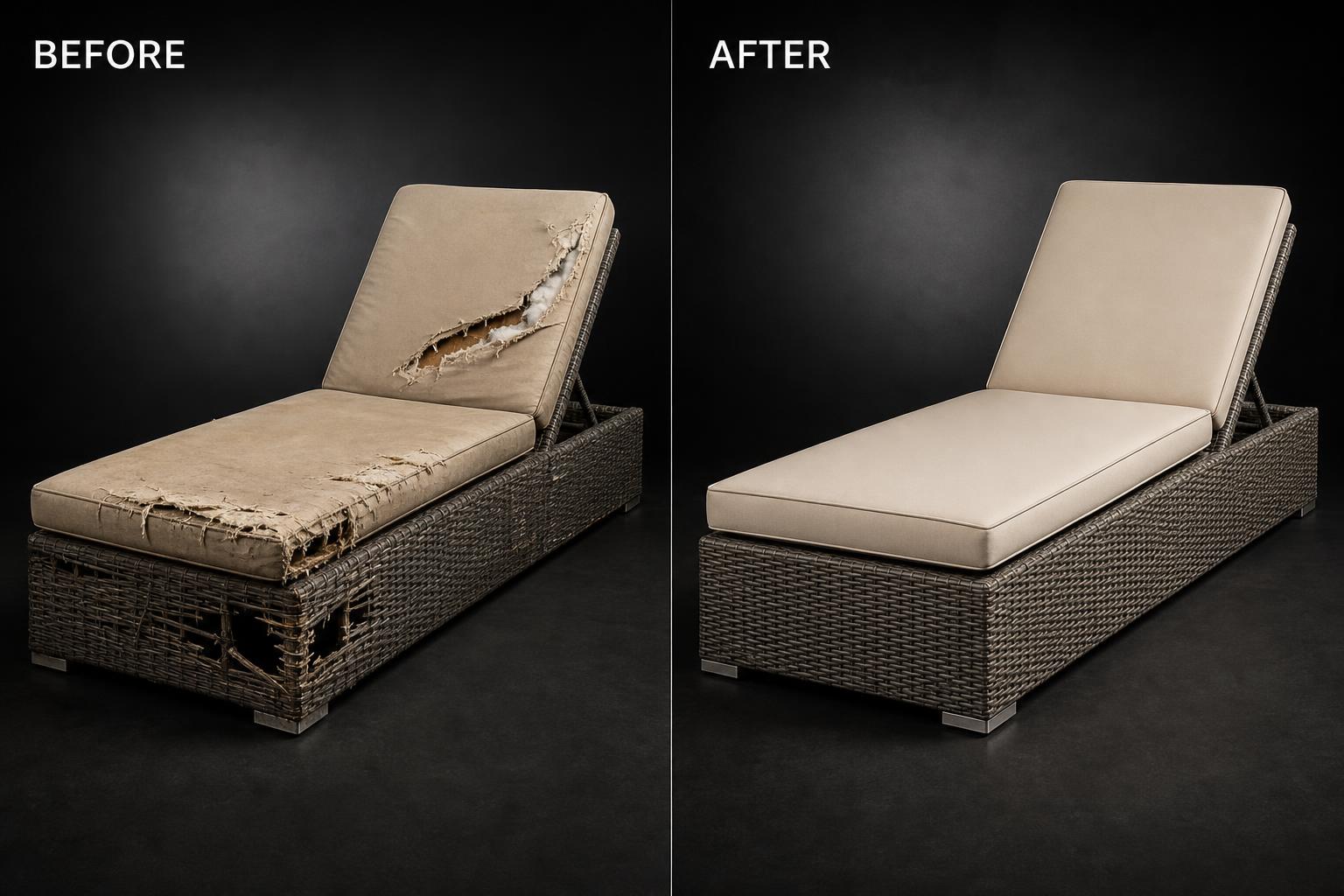 Synthetic Rattan Sun Lounger shown before and after restoration