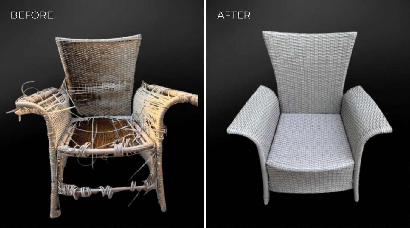 Wingback Rattan Armchair shown before and after restoration
